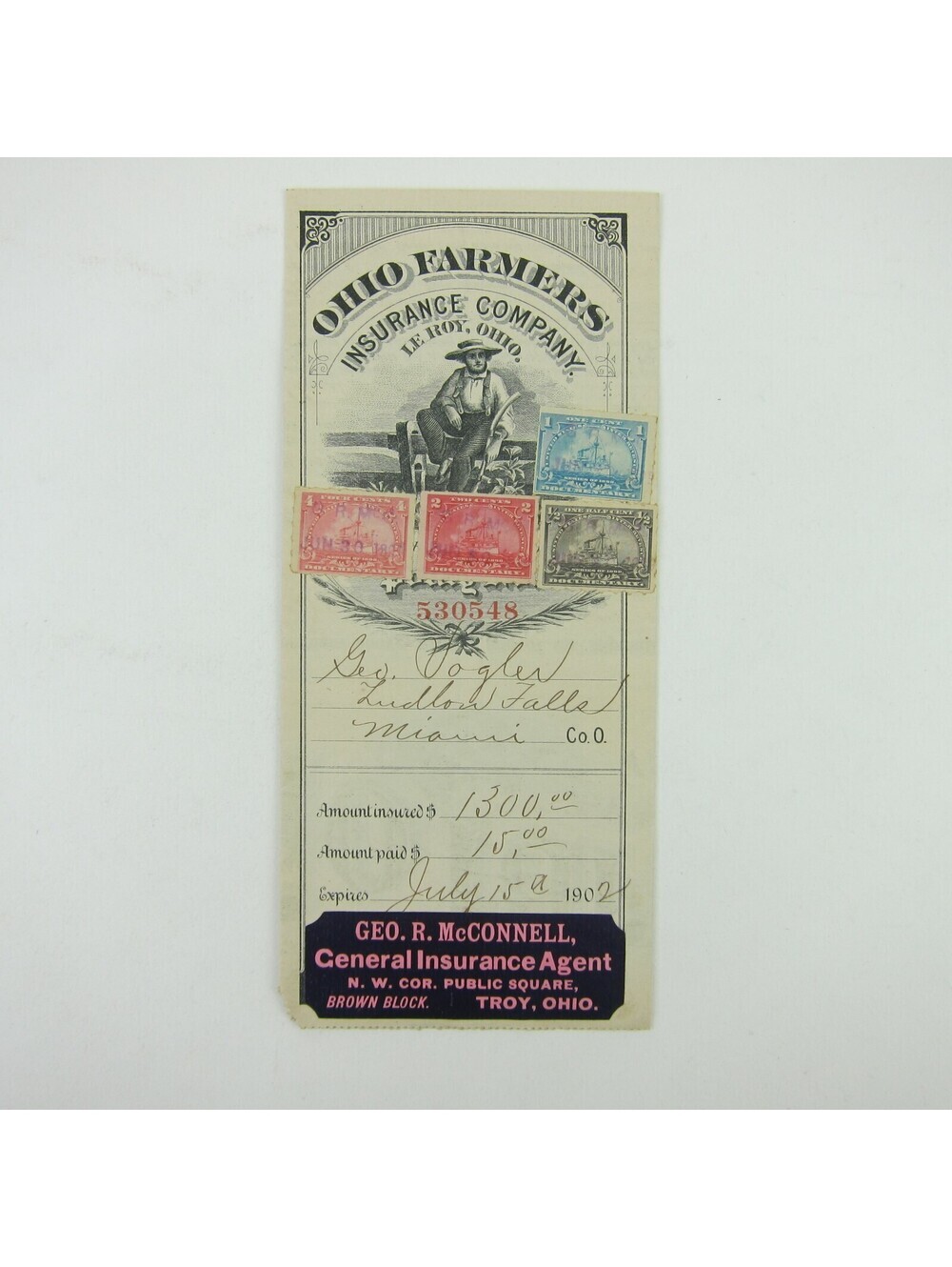 1902 Ohio Farmers Insurance Policy Le Roy Scott R162, R163, R164, R166 Tax Stamp - Picture 1 of 13